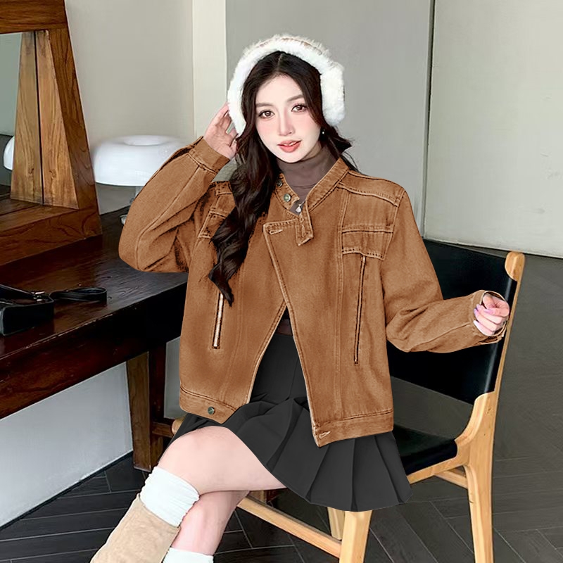 American Retro Stand Collar Double Zip Denim Jacket - Image 2