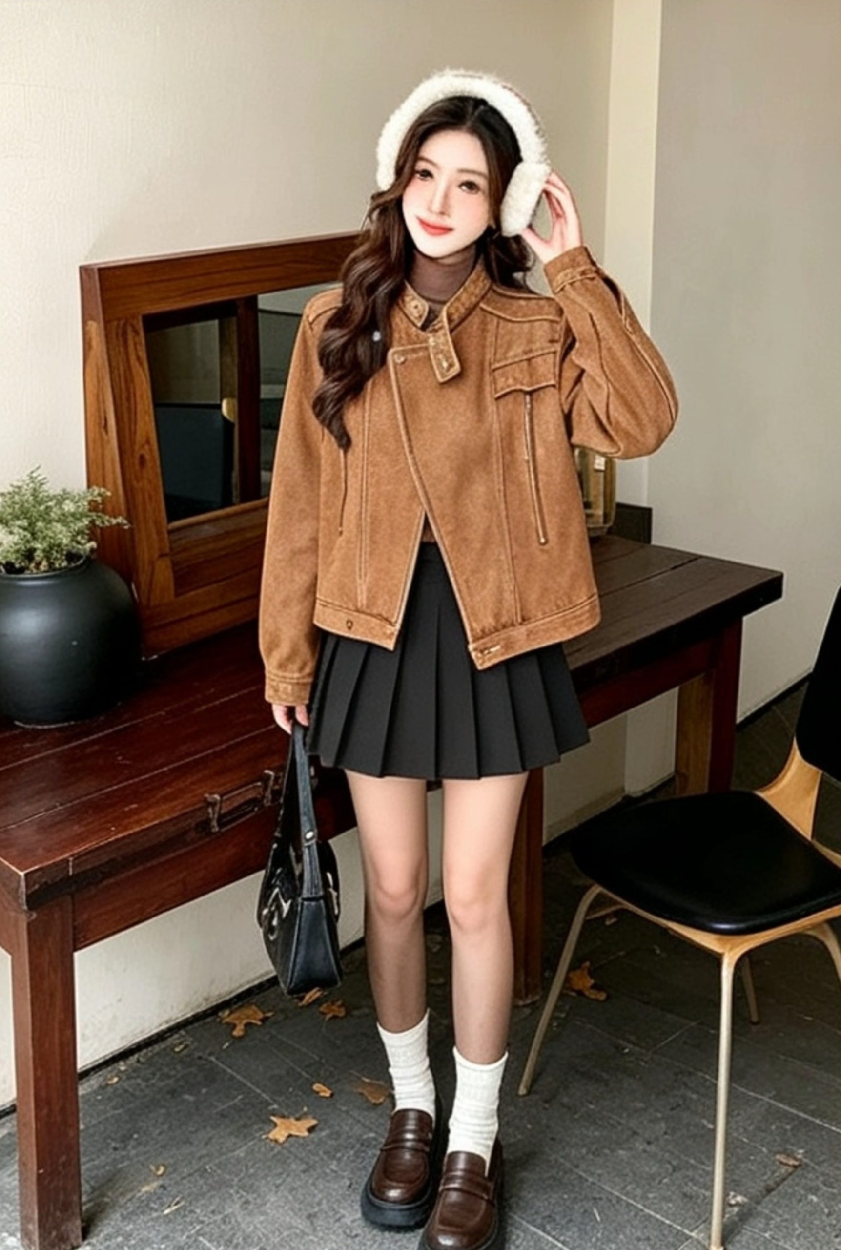 American Retro Stand Collar Double Zip Denim Jacket - Image 3