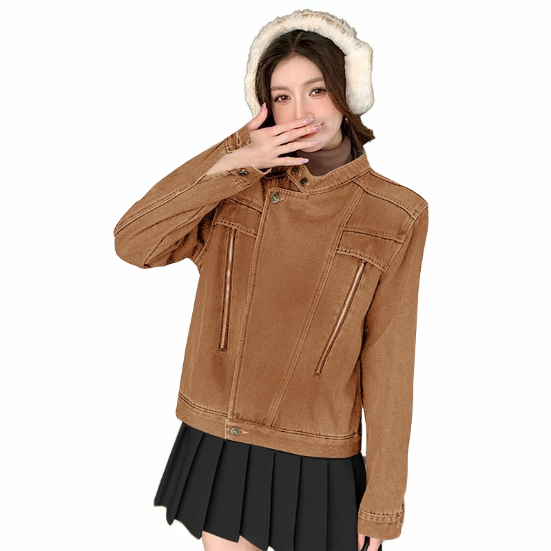 American Retro Stand Collar Double Zip Denim Jacket - Image 5
