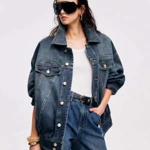 Women's Vintage Loose Denim Jacket Oversized Drop Shoulder Workwear Top