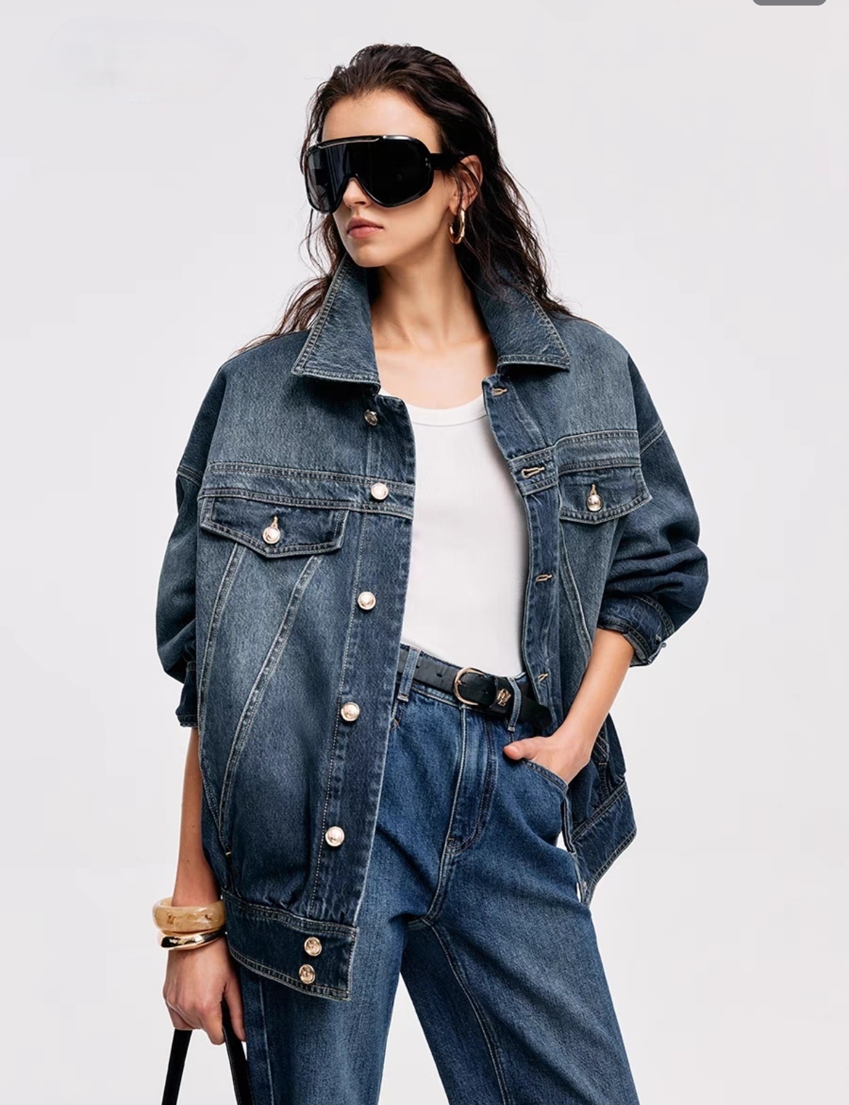 Women's Vintage Loose Denim Jacket Oversized Drop Shoulder Workwear Top